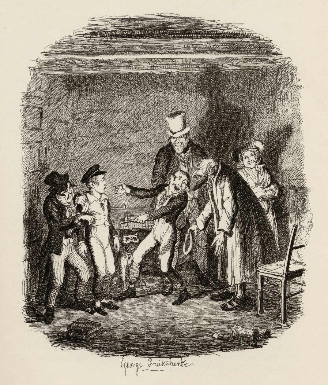 Przyjęcie Olivera przez Fagina i chłopców, z „Przygód Olivera Twista” Charlesa Dickensa (1812-70) 1838, wydane przez Chapman und Hall, 1901 autorstwa George Cruikshank