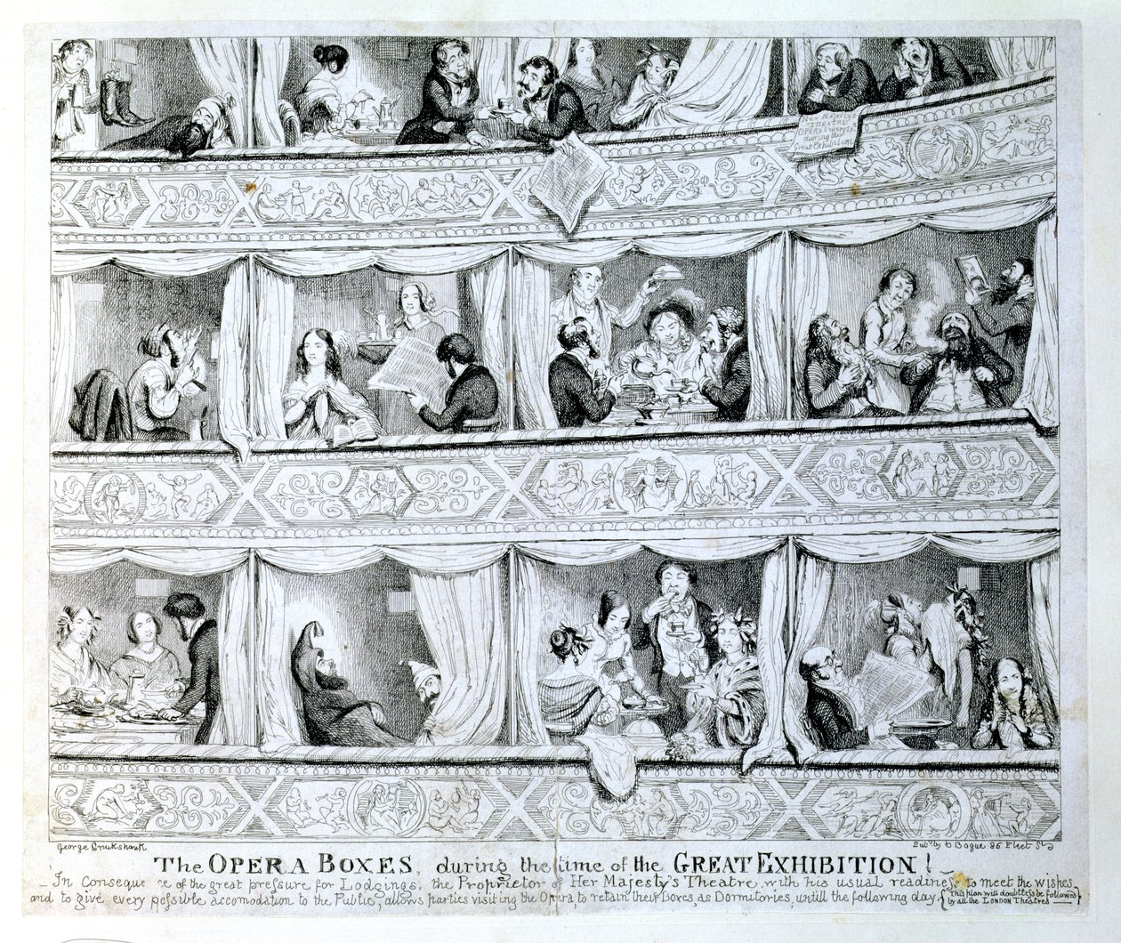 Loże operowe w czasie Wielkiej Wystawy, ok. 1851 autorstwa George Cruikshank