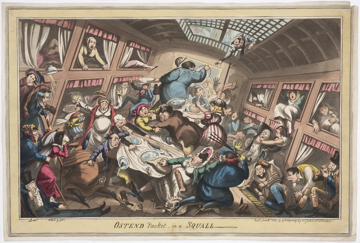 Pakiet Ostenda w szkwalu, 1824 (kolorowa akwatinta) autorstwa George Cruikshank
