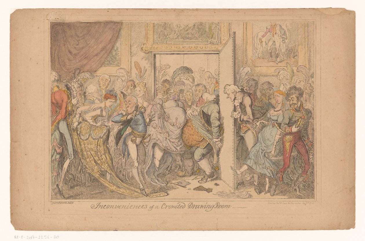 Salon Overvol Niedogodności zatłoczonego salonu (tytuł na obiekcie) autorstwa George Cruikshank