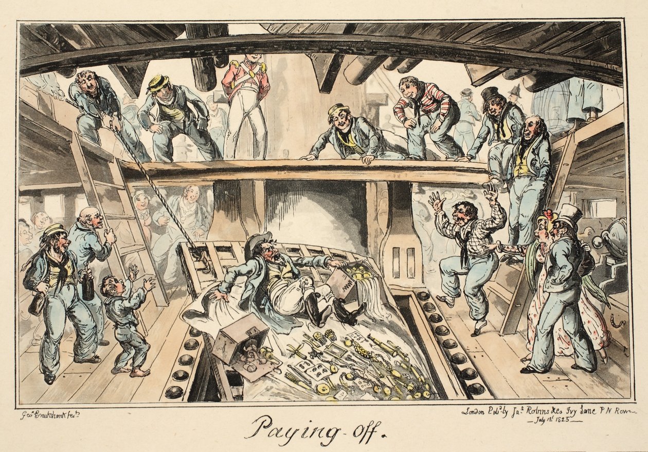Paying Off, from Greenwich Hospital, a Series of Naval Sketches, Descriptive of a Life of a Man-of-Wars Man, pub. 1826 (rycina ręcznie kolorowana) autorstwa George Cruikshank