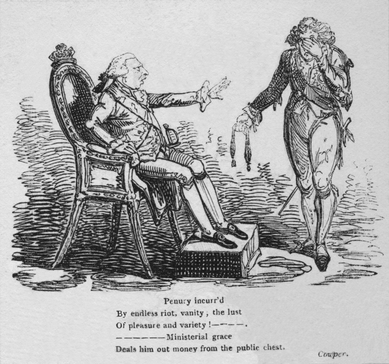 Nędza naciągana przez niekończące się zamieszki, próżność, żądza przyjemności i różnorodności!, c1820 autorstwa George Cruikshank