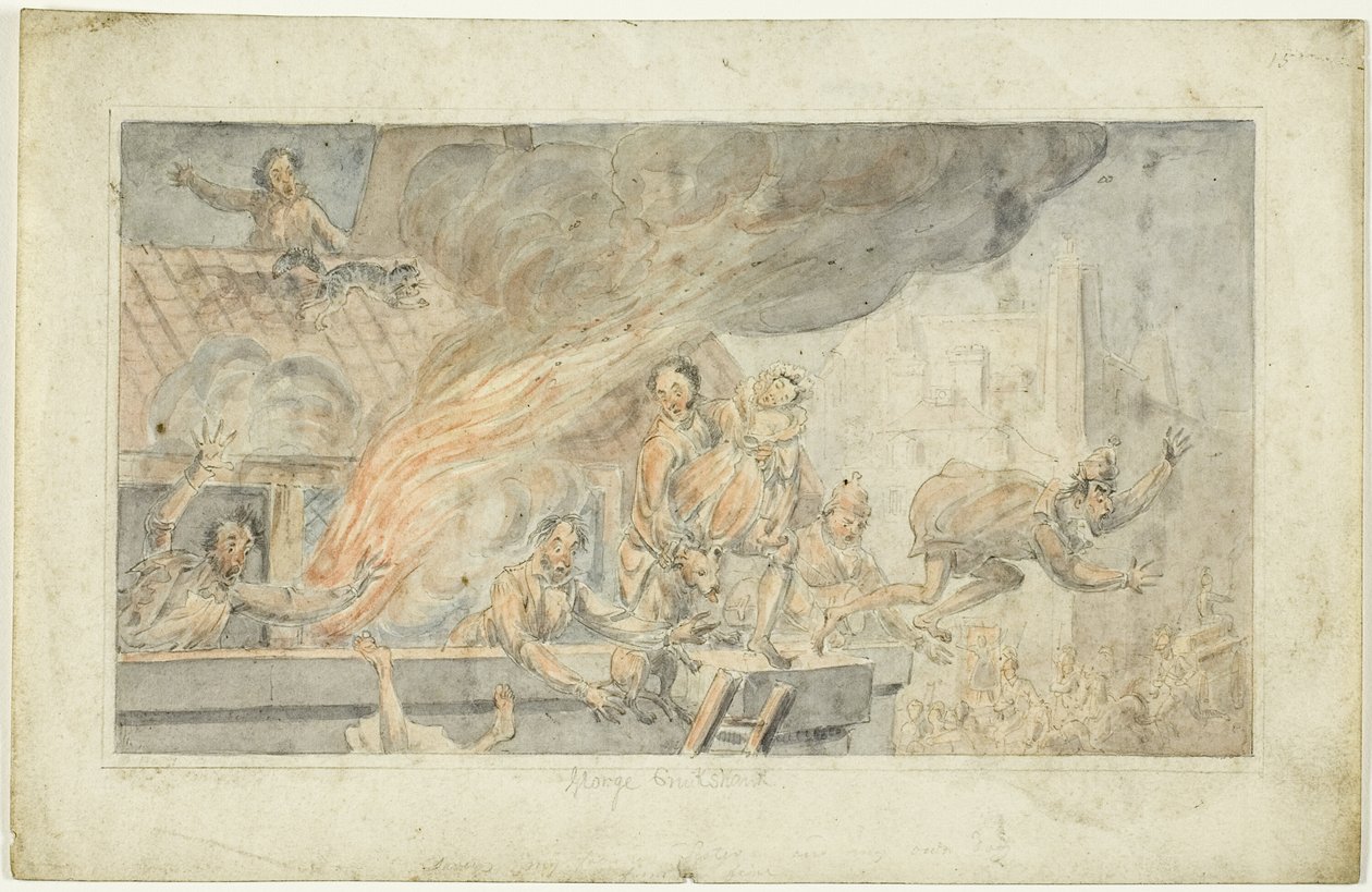 Ludzie uciekający z płonącego budynku autorstwa George Cruikshank