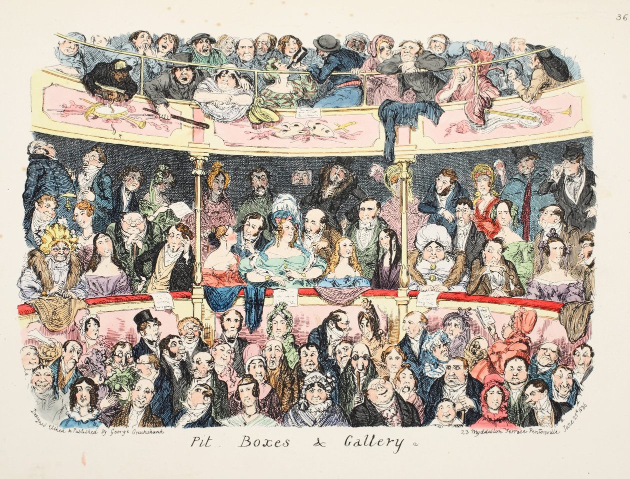 Pit Boxes and Gallery, wyd. 1836 (grawerowanie ręcznie kolorowane) autorstwa George Cruikshank