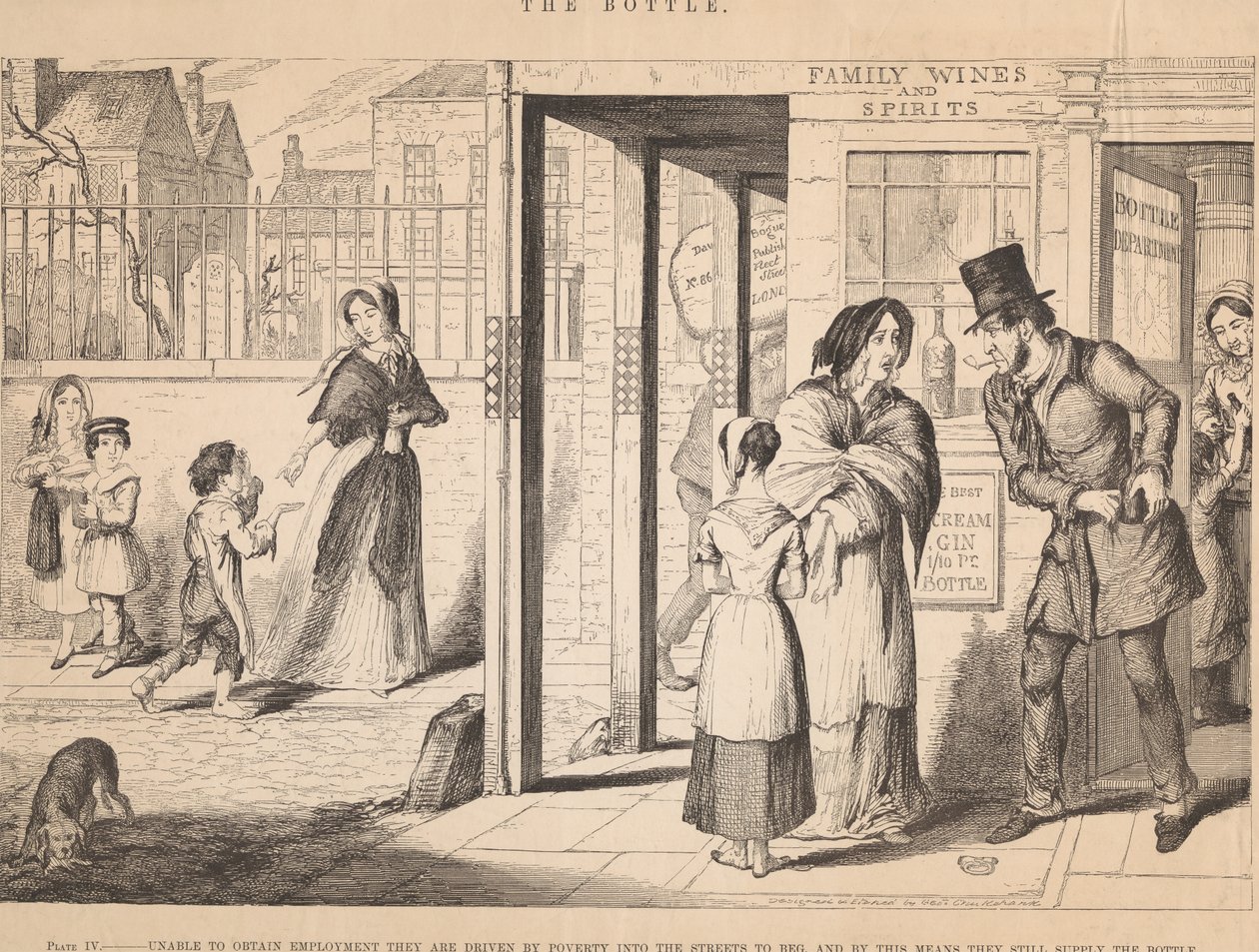 Ilustracja IV: Nie mogąc znaleźć zatrudnienia, z powodu ubóstwa są zmuszeni do życia na ulicy i żebrania autorstwa George Cruikshank