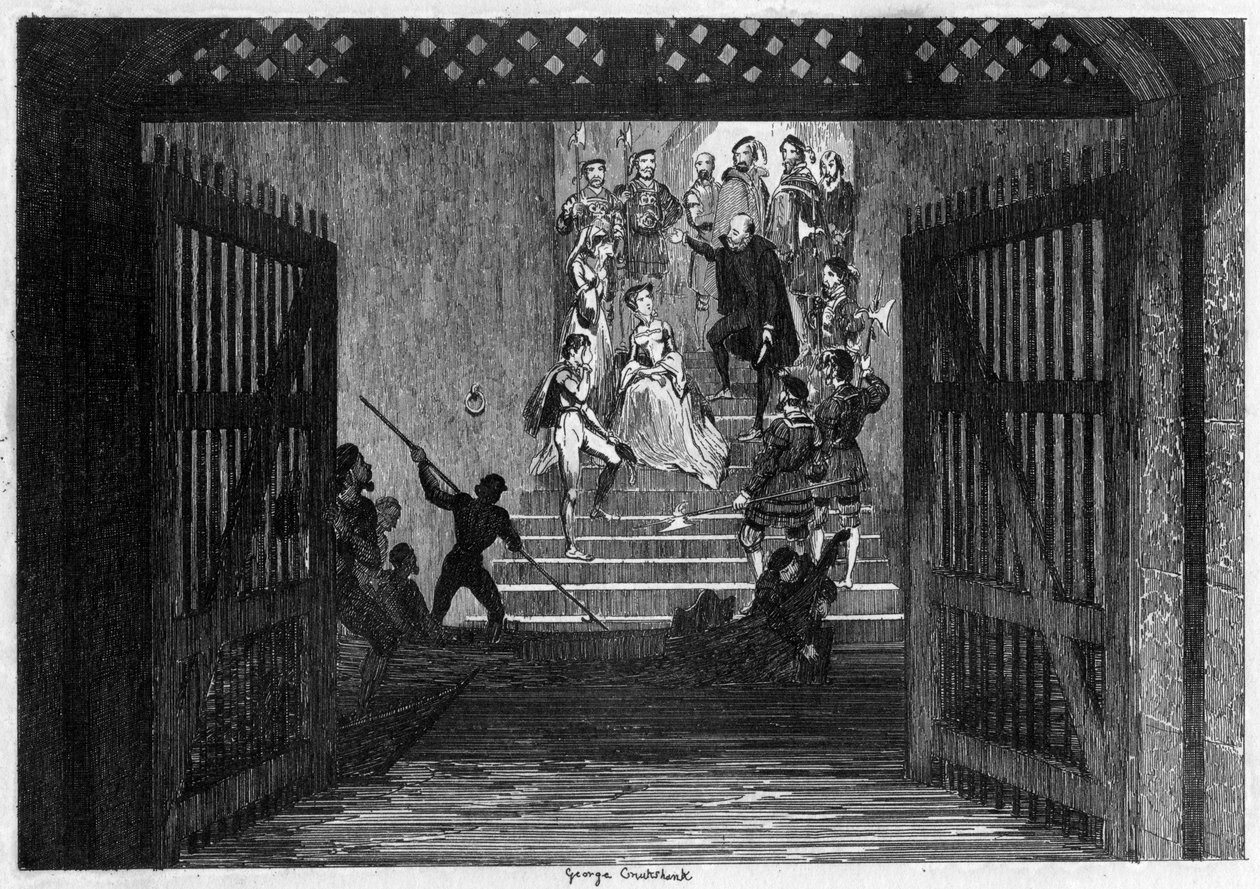 Księżniczka Elżbieta przywieziona jako więzień do Tower of London, 1554 1840. autorstwa George Cruikshank
