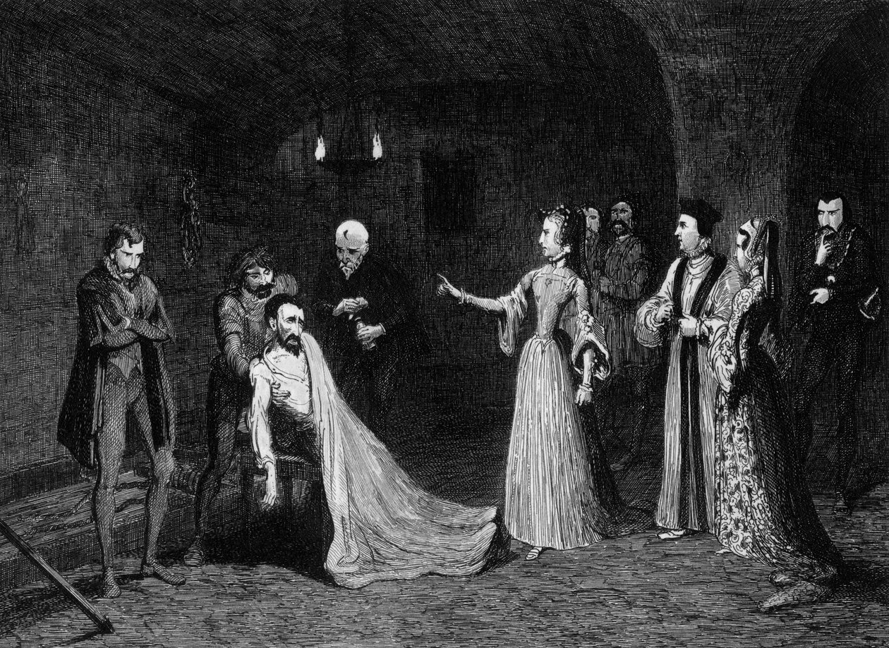 Księżniczka Elżbieta skonfrontowana z Sir Thomasem Wyattem w sali tortur, 1554 1840. autorstwa George Cruikshank