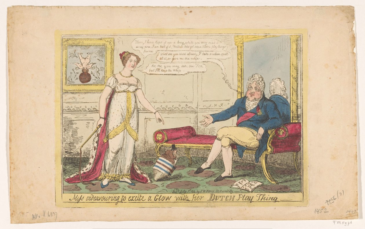 Księżniczka Charlotte bawiła się swoim holenderskim bączkiem, 1814 Miss usiłuje podniecić Blask swoją holenderską rzeczą do zabawy (tytuł na obiekcie) autorstwa George Cruikshank
