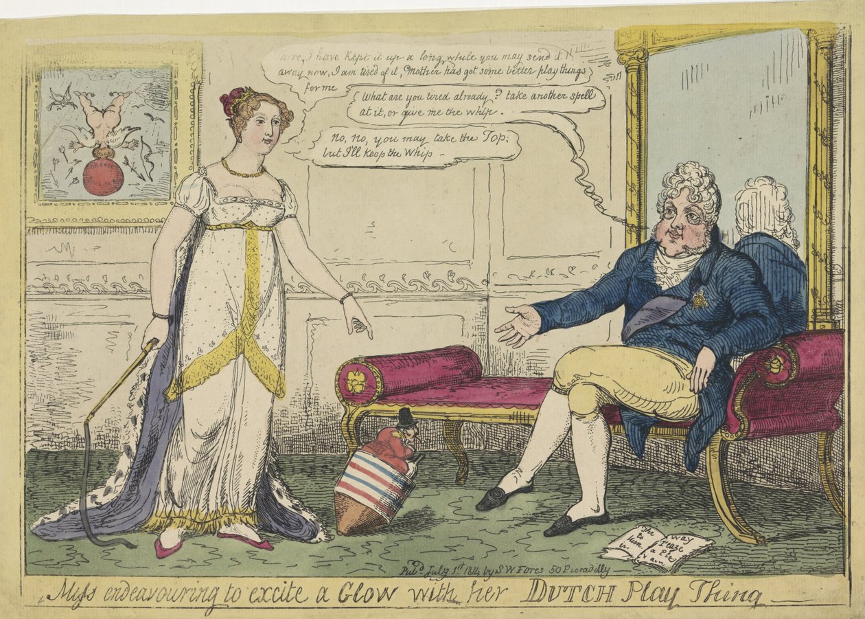 Księżniczka Charlotte bawiła się swoim holenderskim bączkiem, 1814 Miss usiłuje podniecić Blask swoją holenderską rzeczą do zabawy (tytuł na obiekcie) autorstwa George Cruikshank