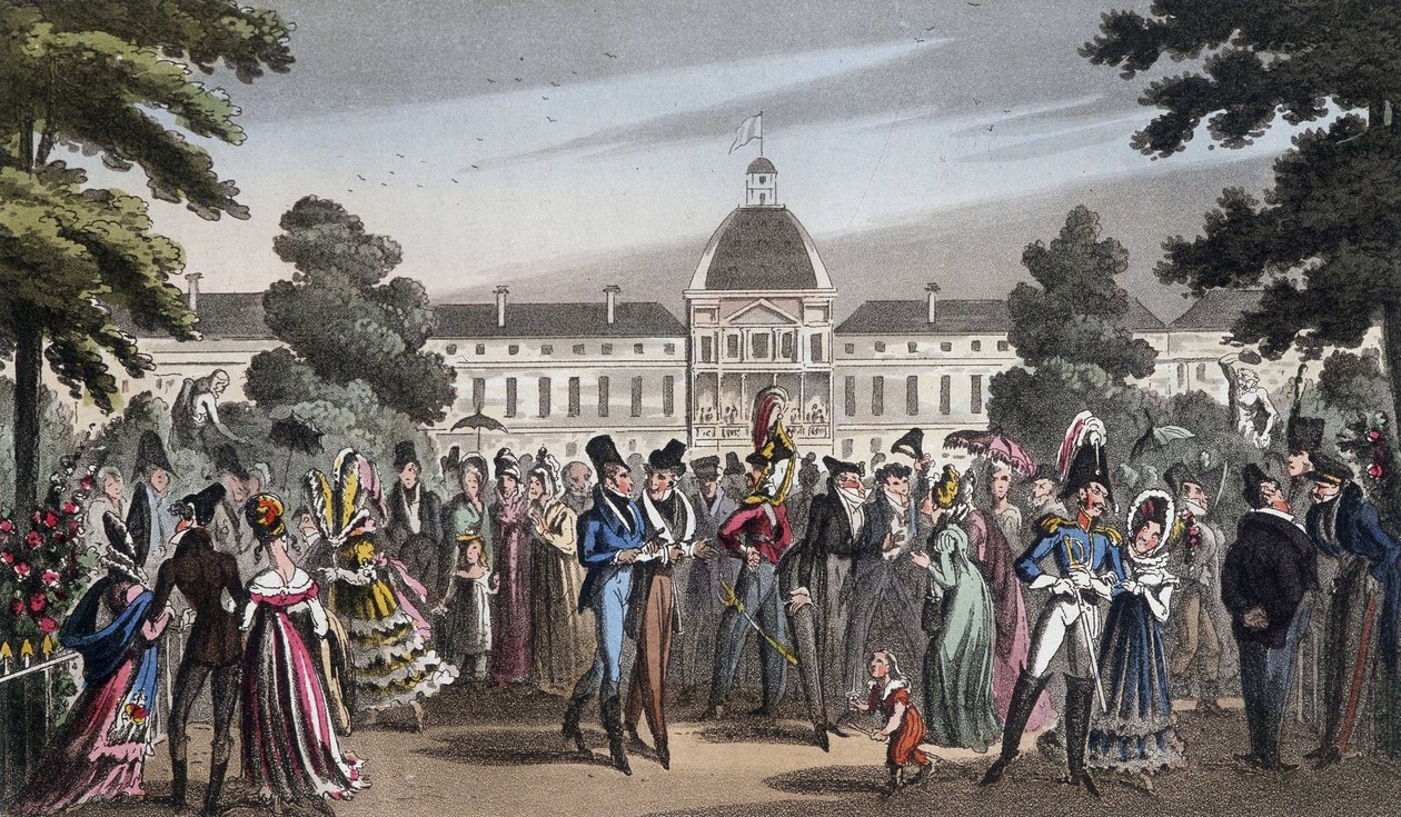 Promenade au Jardin des Tuileries - w „Życiu w Paryżu” Davida Careya, Londyn autorstwa George Cruikshank
