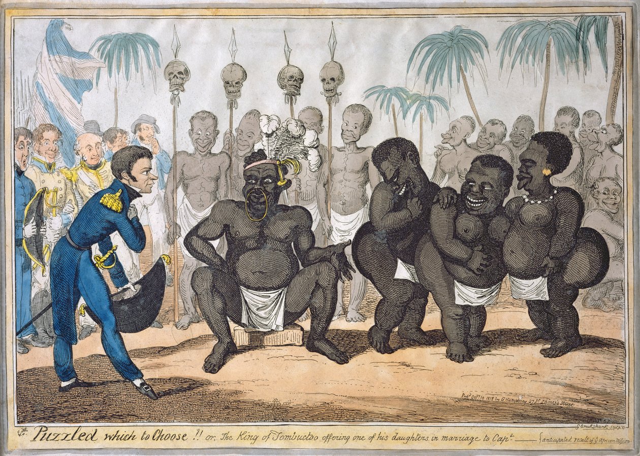 "Puzzled Which to Choose!!!, or The King of Tombuctoo Offering one of his Daughters in Marriage to Captain", według kapitana E. Judela, wyd. G. Humphrey autorstwa George Cruikshank