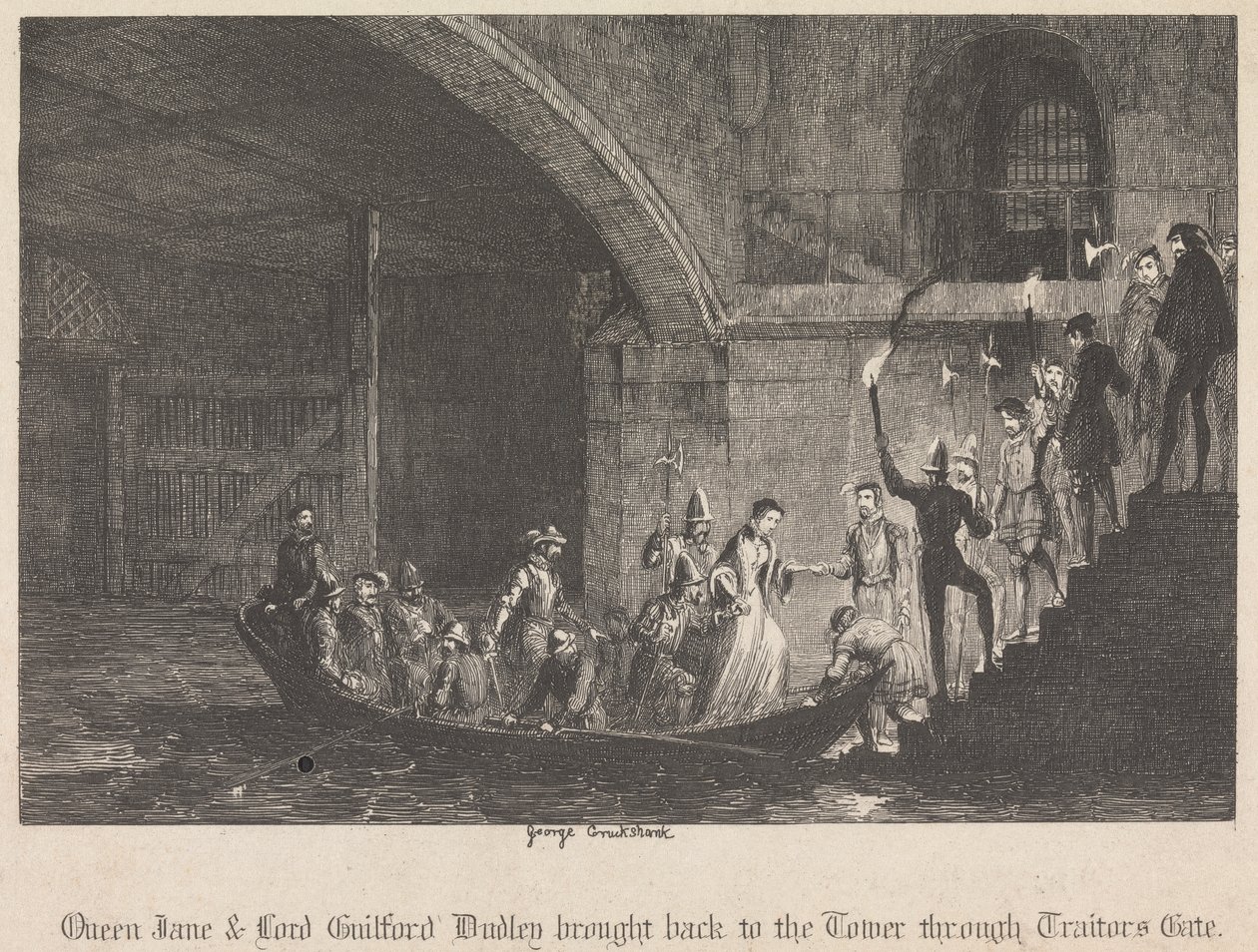 Królowa Jane i Lord Guilford Dudley sprowadzeni z powrotem do Wieży przez Bramę Zdrajców autorstwa George Cruikshank