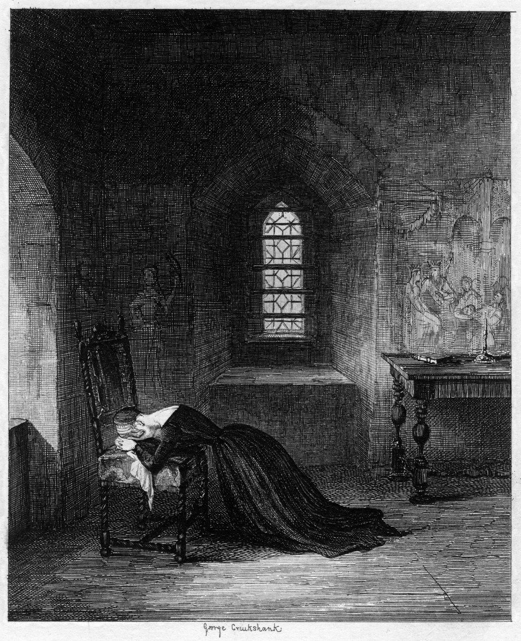 Królowa Jane uwięziona w Brick Tower, Tower of London, 1553-1554 1840. autorstwa George Cruikshank