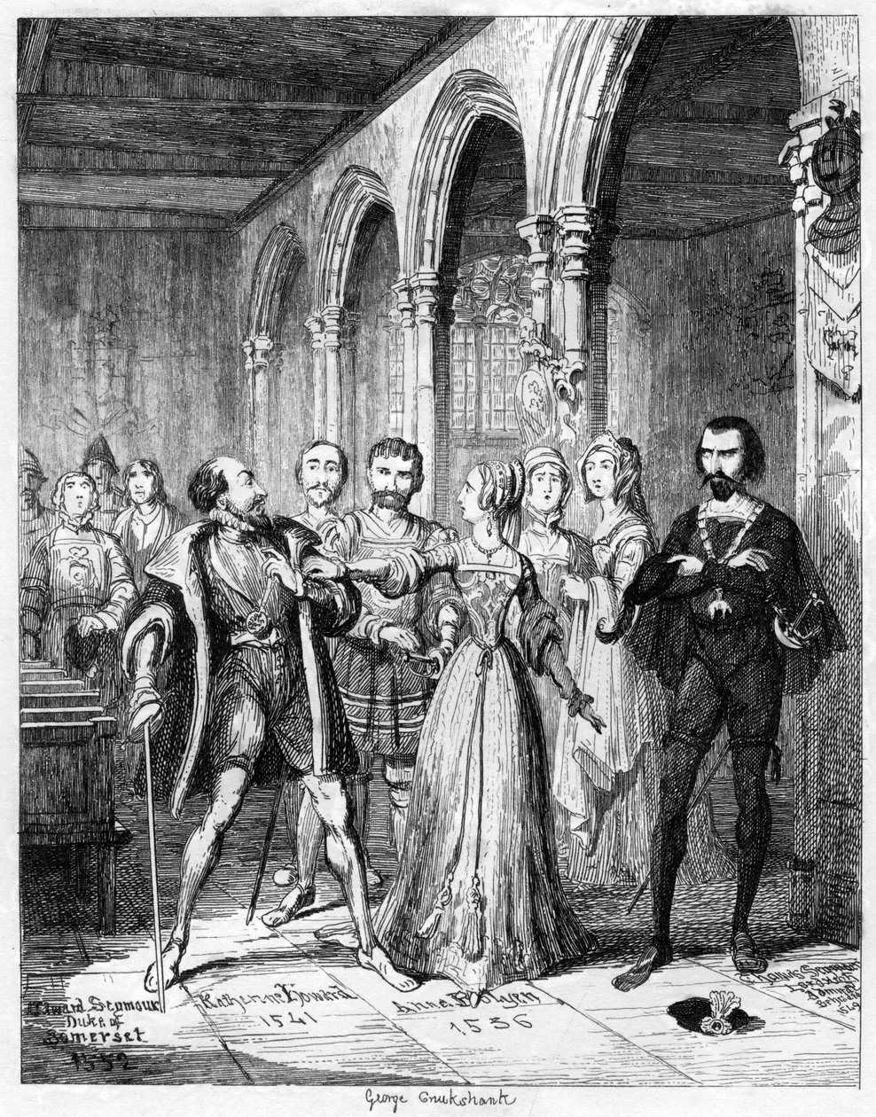 Królowa Jane wstawia się między Northumberland i Simon Renard, 1553 1840. autorstwa George Cruikshank