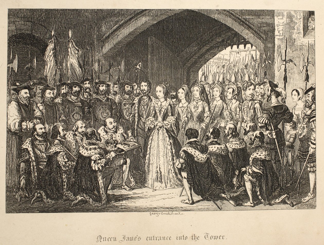 Queen Janes Wejście do Tower, z The Tower of London, wyd. 1840 autorstwa George Cruikshank
