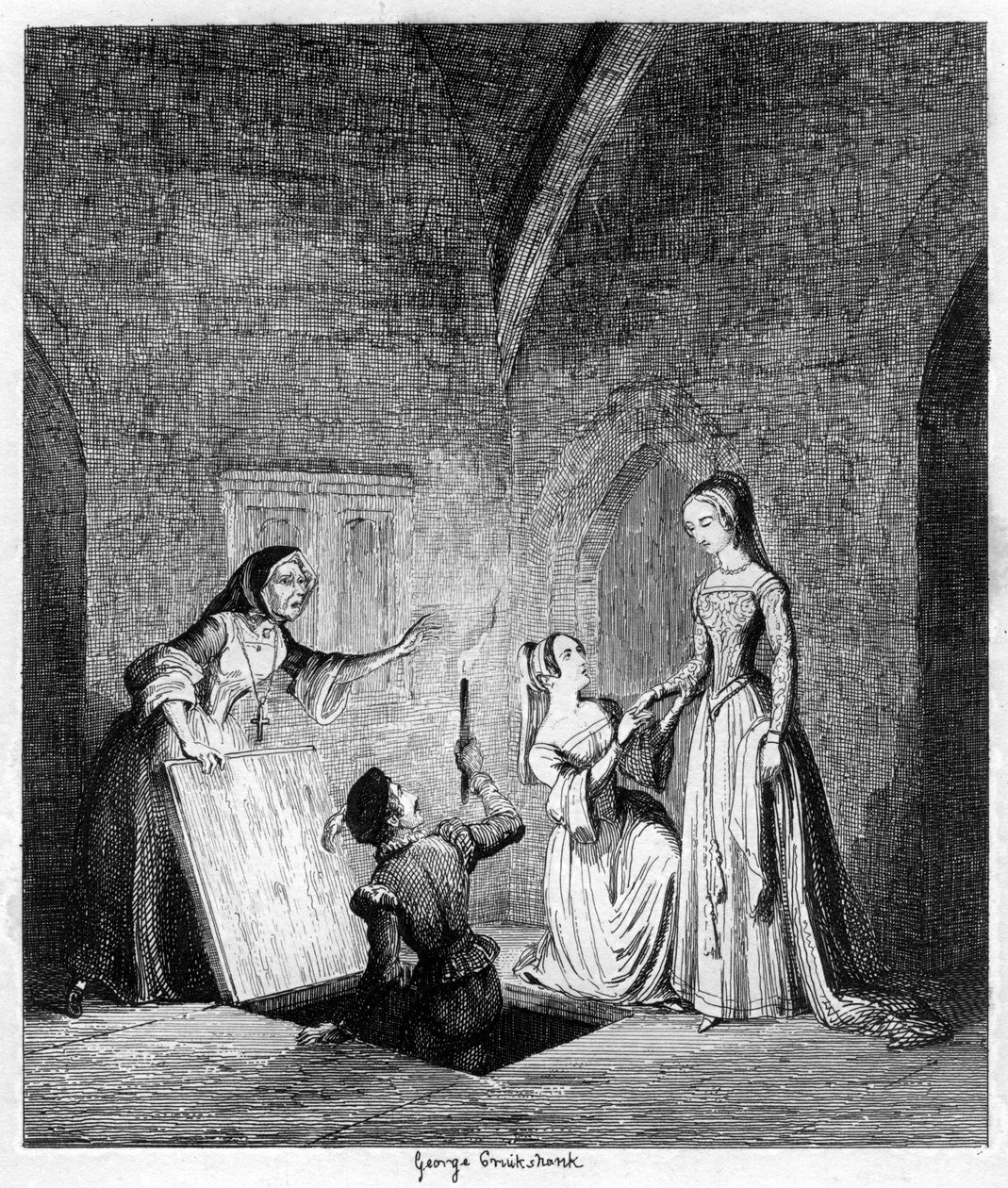 Lot królowej Janes z wieży, 1553 1840 autorstwa George Cruikshank