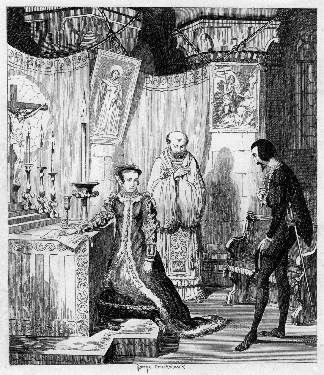 Królowa Maria za sprawą Szymona Renarda poślubiającego Filipa Hiszpańskiego, 1840 autorstwa George Cruikshank