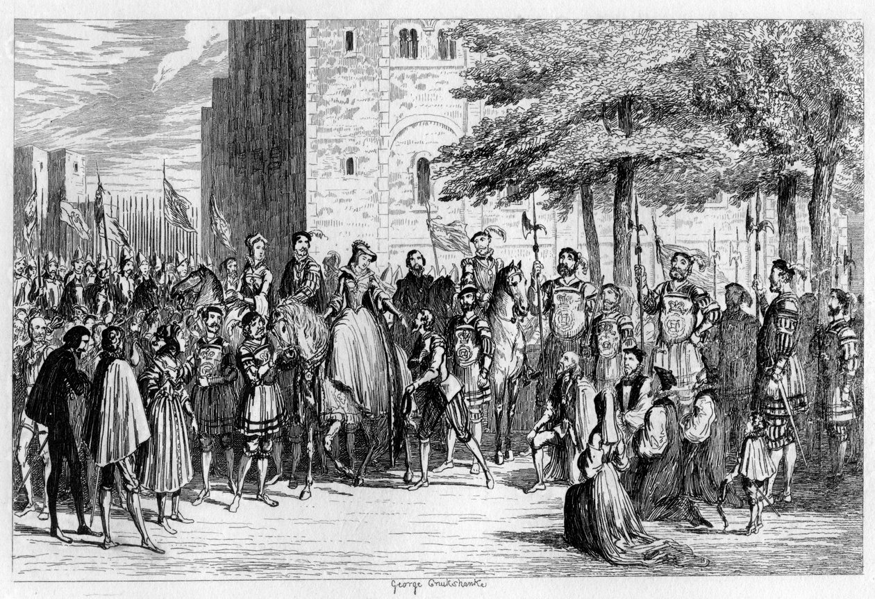 Królowa Maria przyjmująca więźniów na Tower Green, 1553 1840 autorstwa George Cruikshank