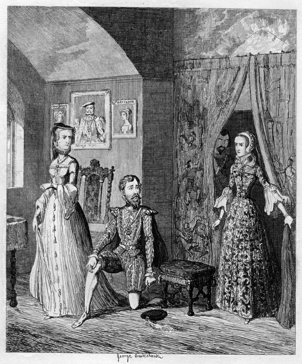 Królowa Maria zaskakuje Courtenay i księżniczkę Elżbietę, 1553-1555 1840 autorstwa George Cruikshank