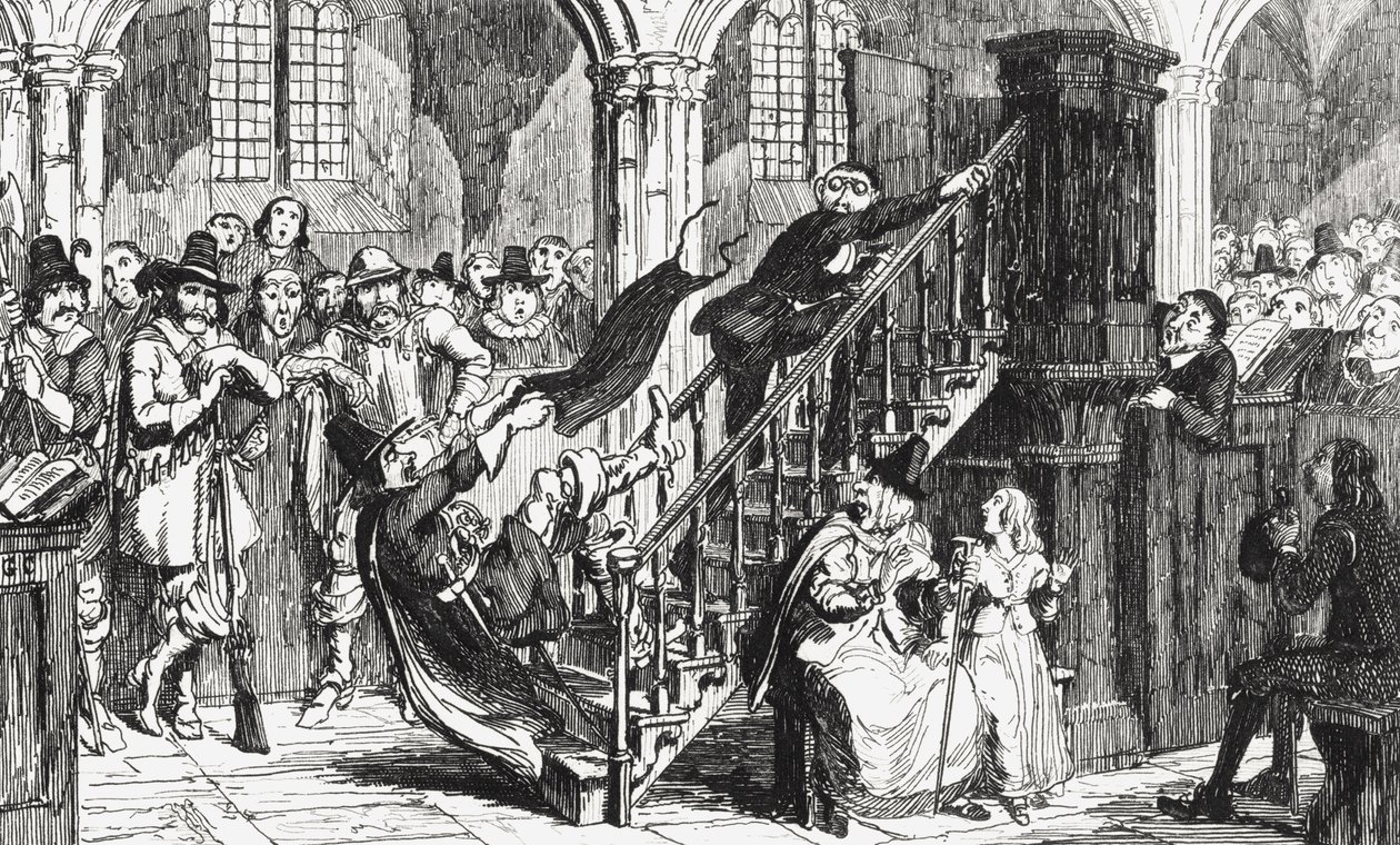 Wielebny Holdenough podczas nabożeństwa, ilustracja z „Woodstock” Sir Waltera Scotta (1771-1832) opublikowana w 1845 r. autorstwa George Cruikshank