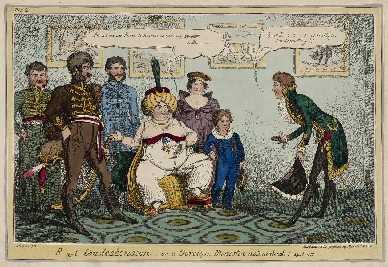 Królewska Protekcjonalność lub Minister Spraw Zagranicznych zdumiony! - kwiecień 1817 - 15 wrzesień autorstwa George Cruikshank