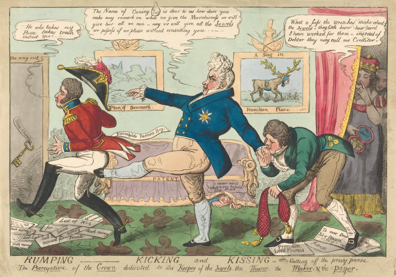 Rumping - Kicking and Kissing - oder - Abschneiden der Privy Purse autorstwa George Cruikshank