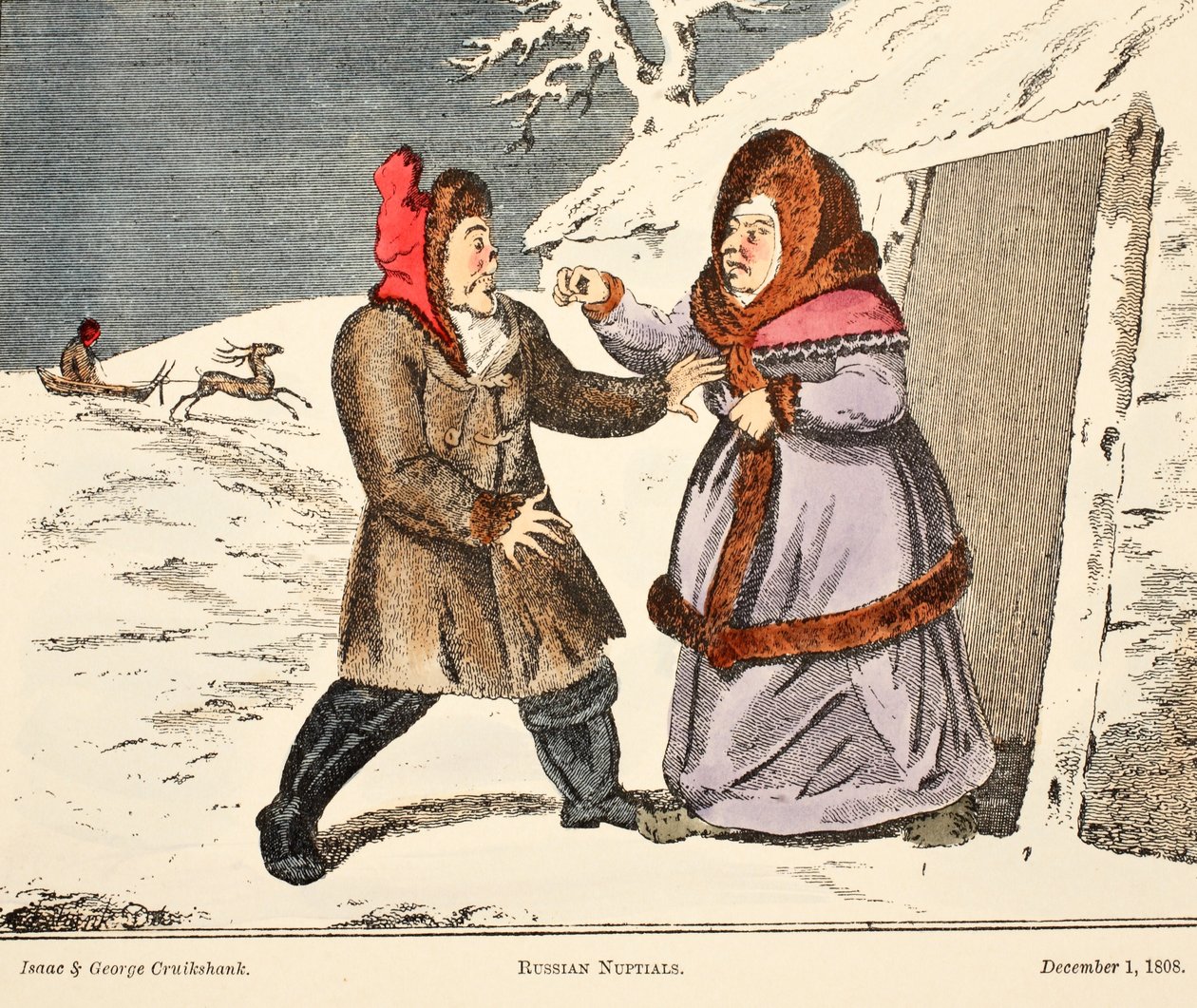 Rosyjskie zaślubiny, wyd. 1808 (grawerowanie ręcznie kolorowane) autorstwa George Cruikshank
