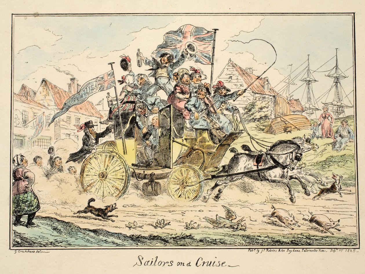 Marynarze w rejsie, ze szpitala Greenwich, seria szkiców marynarki wojennej, opisująca życie człowieka wojennego, wyd. 1826 (grawerowanie ręcznie kolorowane) autorstwa George Cruikshank