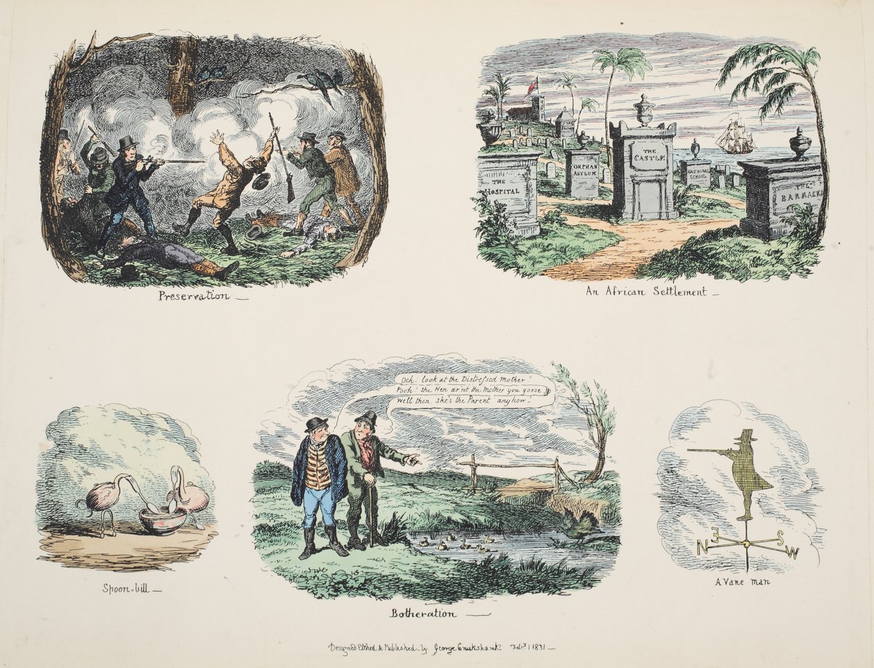 Skrawki i szkice: konserwacja, osada afrykańska, dzióbek, kłopotanie, wiatrowskaz, wyd. 1831 (grawerowanie ręcznie kolorowane) autorstwa George Cruikshank