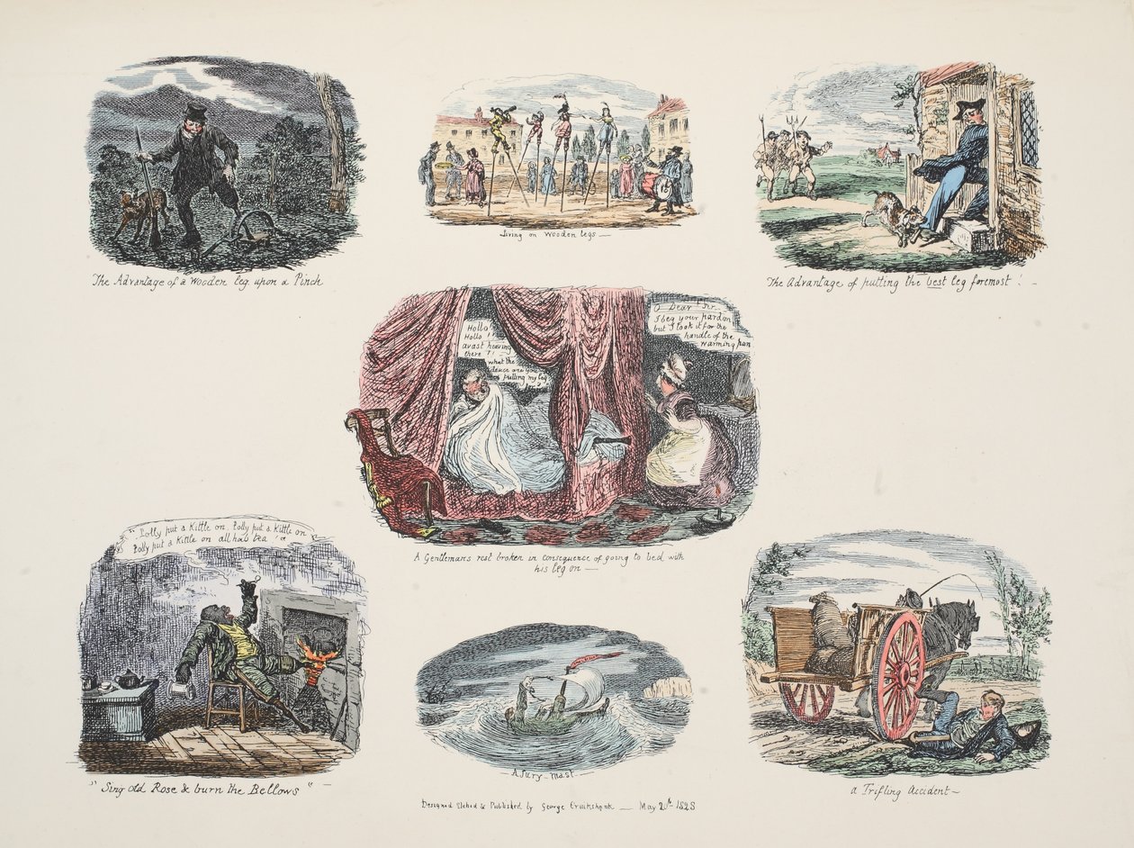 Cykl ilustracji o zaletach i wadach posiadania drewnianej nogi, wyd. 1828 (ręcznie kolorowane grawerowanie) autorstwa George Cruikshank