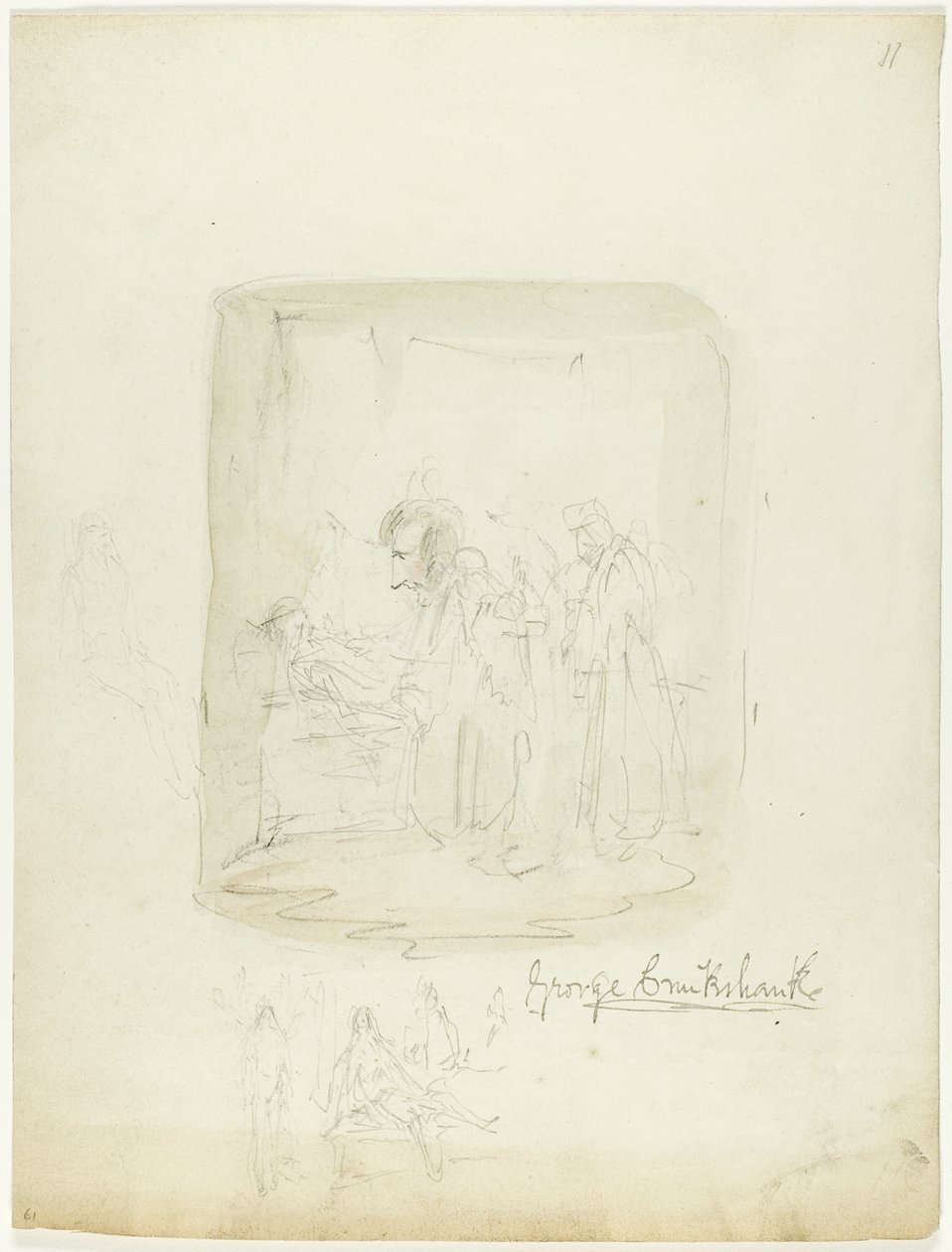 Arkusz szkiców z autoportretem autorstwa George Cruikshank