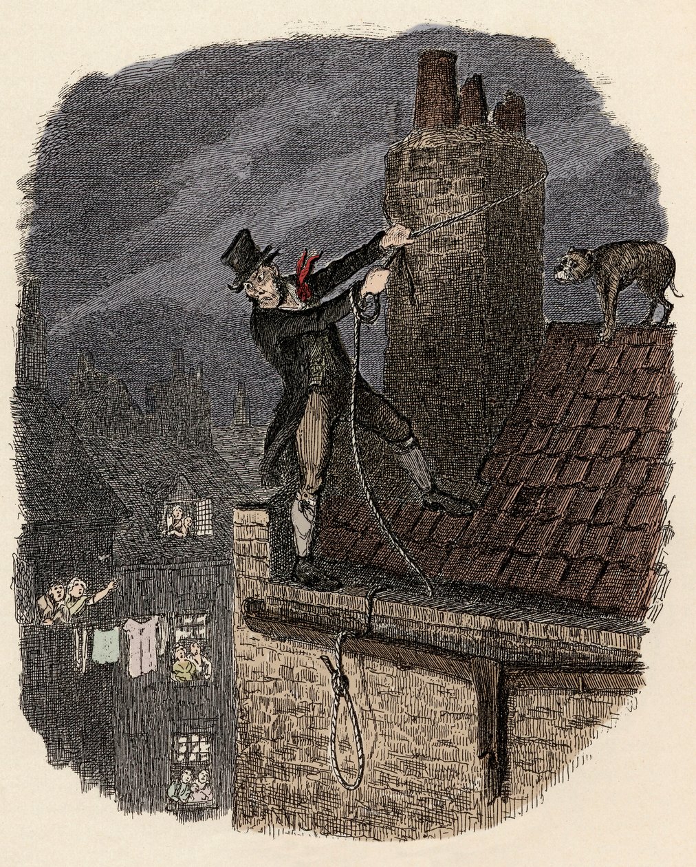 Sikes, za którym idzie jego pies, próbuje uciec - Ostatnia szansa - Ilustracja do „Oliviera Twista” (Olivier) (Przygody Olivera Twista) autorstwa Charlesa Dickensa (1812-1870), autorstwa George