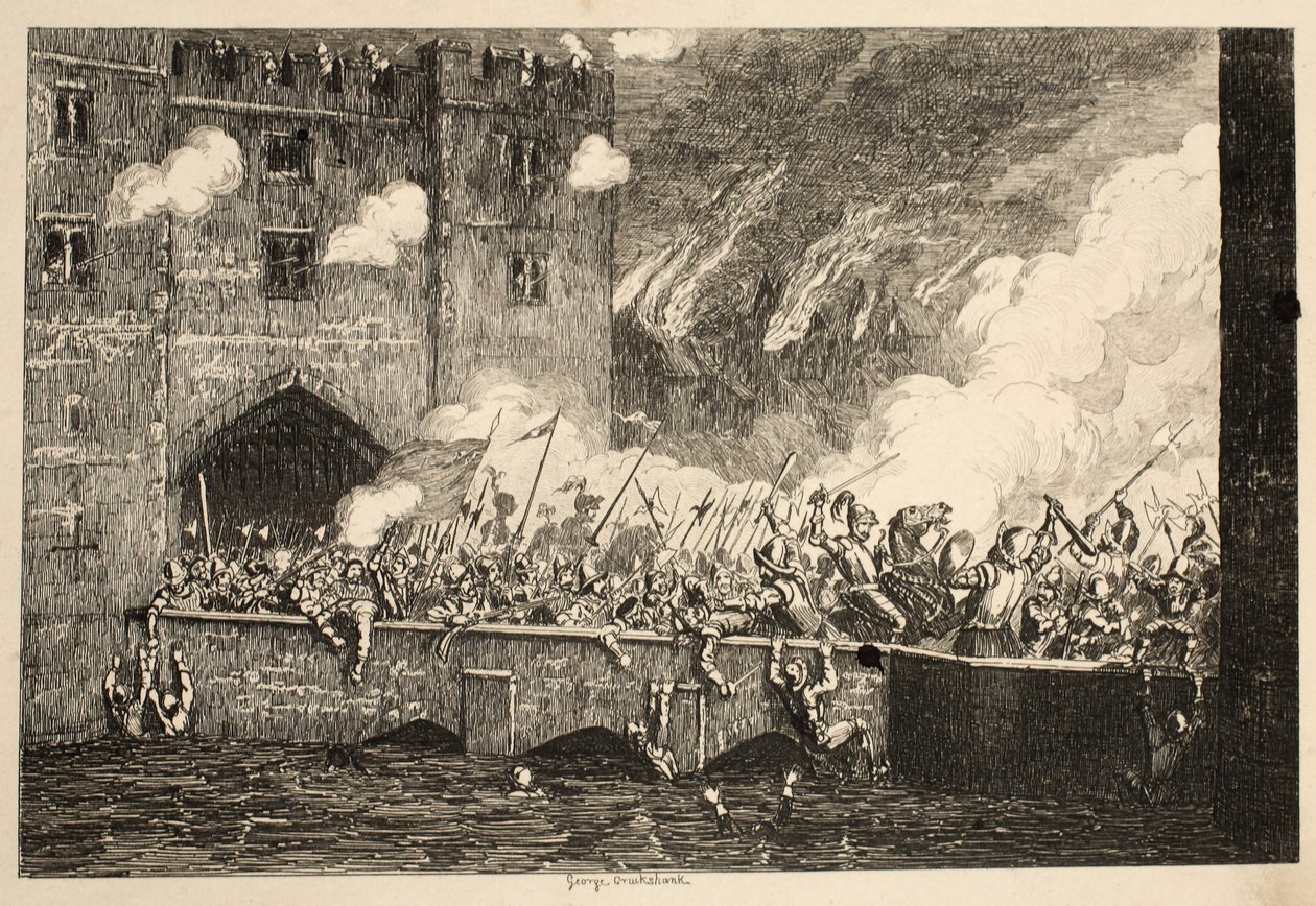 Sir Thomas Wyatt atakuje By Ward Tower z The Tower of London, wyd. 1840 autorstwa George Cruikshank