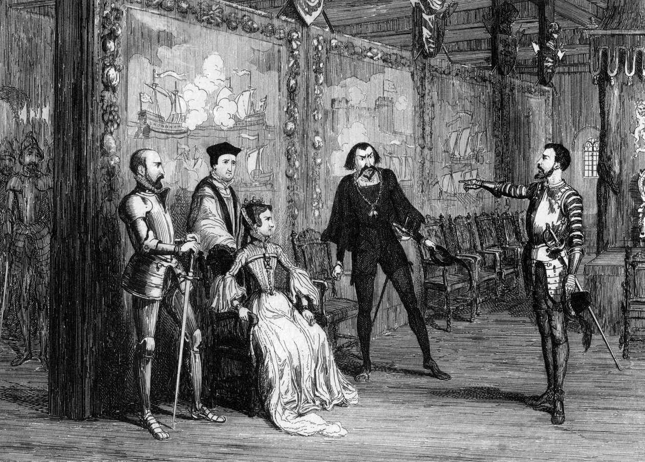 Sir Thomas Wyatt dyktuje warunki królowej Marii w Białej Wieży, ok. 1553 1840 r. autorstwa George Cruikshank