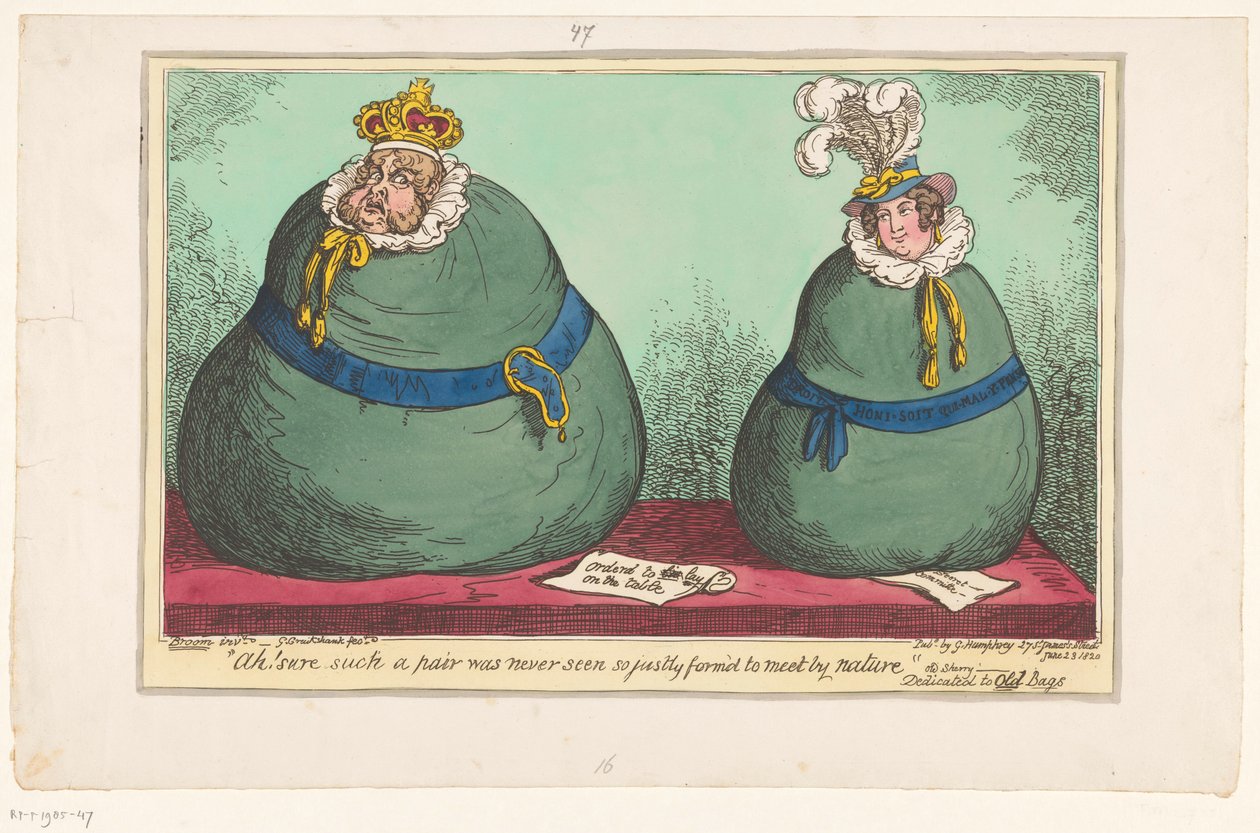 Spotprent op koning George IV en koningin Caroline, 1820 Ach! Pewnie, że taka para nigdy nie była widziana tak sprawiedliwie ukształtowana by spotkać się z natury (tytuł na przedmiocie) autorstwa George Cruikshank