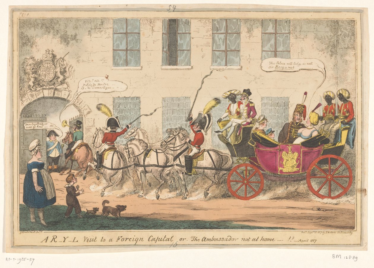 Spotprent op prins Caroline, 1817 Wizyta R-Y-L w zagranicznej stolicy lub ambasador poza domem-!! (tytuł na obiekcie) autorstwa George Cruikshank