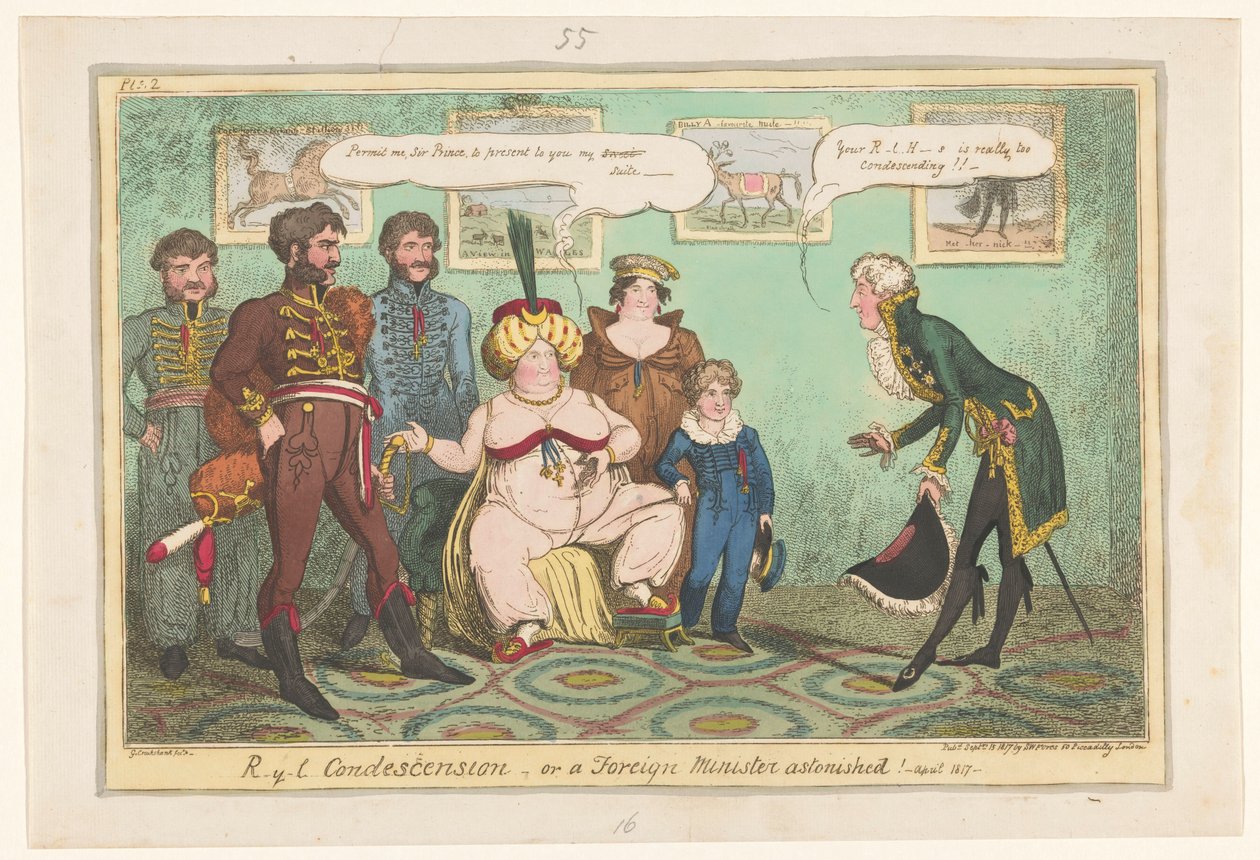 Spotprent op prins Caroline, 1817 R-y-l Protekcjonalność lub minister spraw zagranicznych zdziwiony! autorstwa George Cruikshank