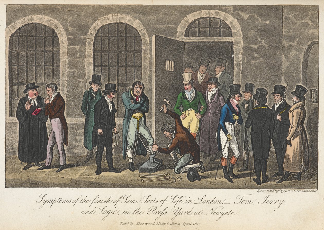 Objawy końca „pewnego rodzaju życia” – Tom, Jerry & Logic w Press Yard w Newgate, „Life in London, etc.”, Pierce Egan autorstwa George Cruikshank
