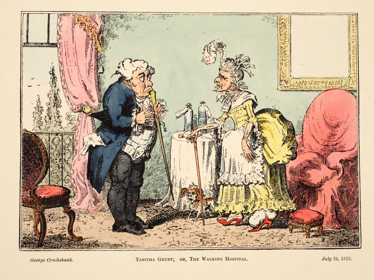 Tabitha Grunt; lub, The Walking Hospital, pub. 1813 (rycina ręcznie kolorowana) autorstwa George Cruikshank