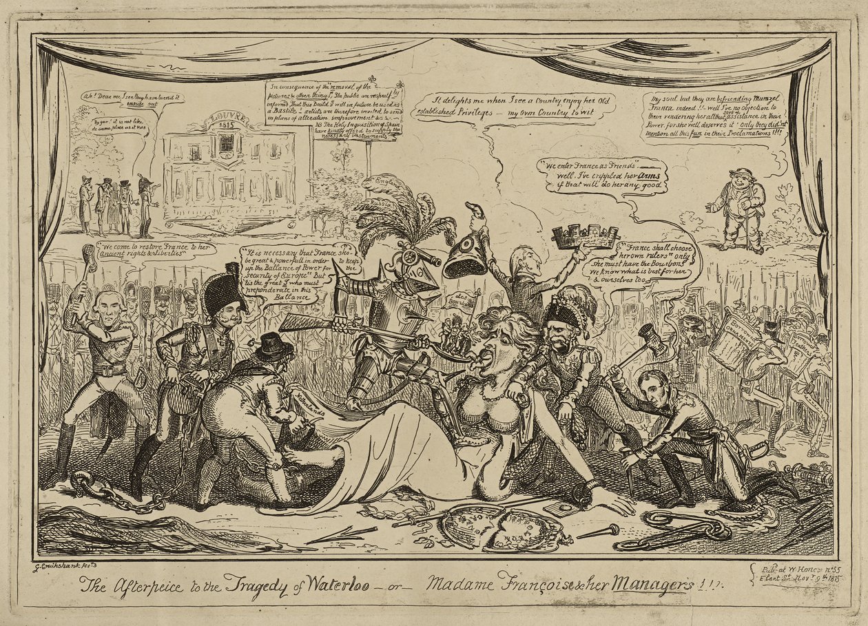 The Afterpiece (sic) do tragedii Waterloo lub Madame Francois i jej menedżerowie!!!, opublikowany 9 listopada autorstwa George Cruikshank