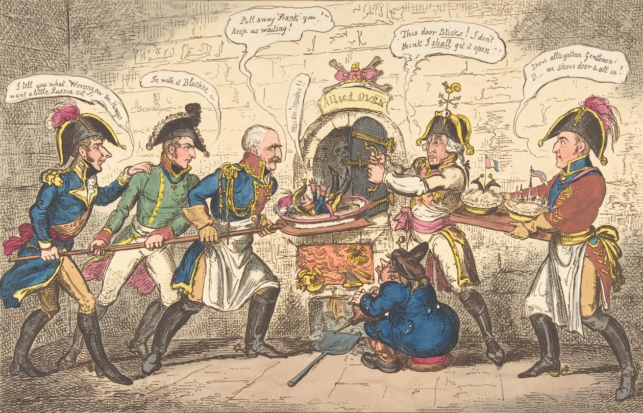 Allied Bakers lub Corsican Toad in the Hole, 1 kwietnia 1814, 1 kwietnia 1814. autorstwa George Cruikshank