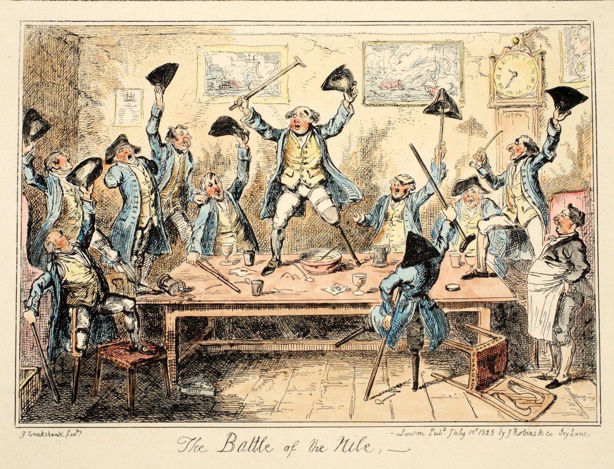 Bitwa pod Nilem, ze szpitala w Greenwich, seria szkiców marynarskich, opisujących życie człowieka wojny, pub. 1826 (rycina ręcznie kolorowana) autorstwa George Cruikshank