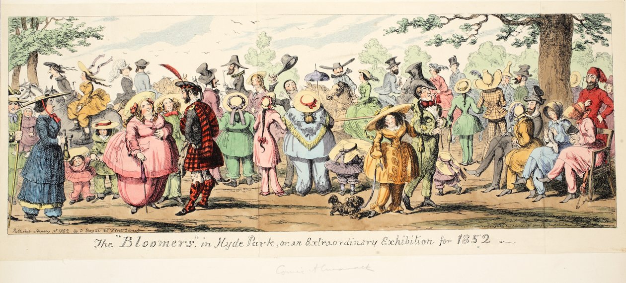 The Bloomers in Hyde Park or An Extraordinary Exhibition for 1852, pub. 1852 (rycina ręcznie kolorowana) autorstwa George Cruikshank