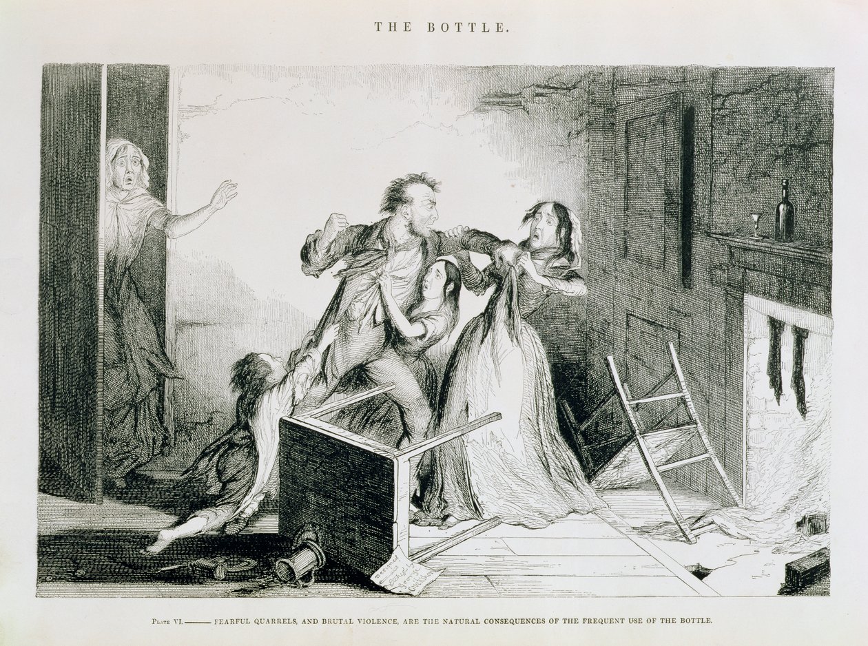 Butelka, Tablica VI, Straszliwe kłótnie i brutalna przemoc są naturalnymi konsekwencjami częstego używania butelki, 1847 autorstwa George Cruikshank