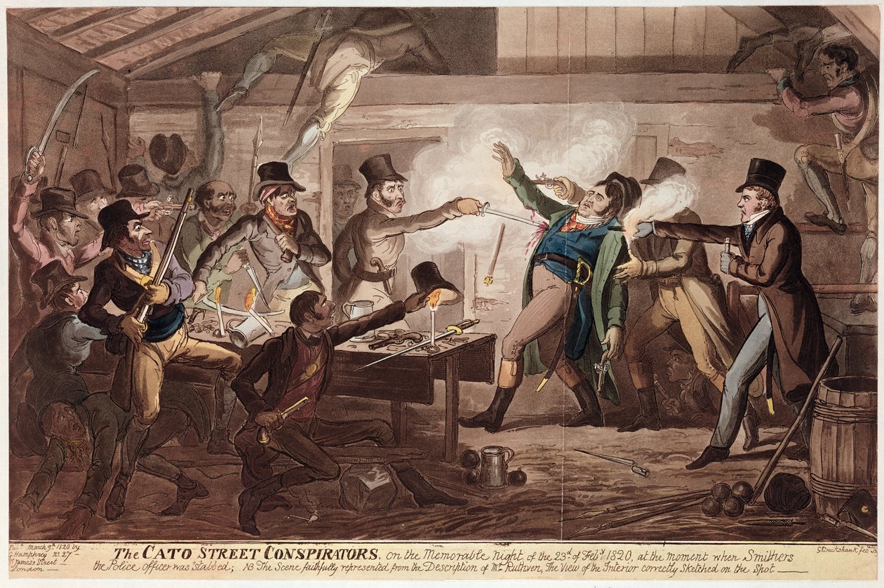 Spiskowcy z Cato Street, wyd. G. Humphrey, 9 marca 1820 (kolorowa lito) autorstwa George Cruikshank