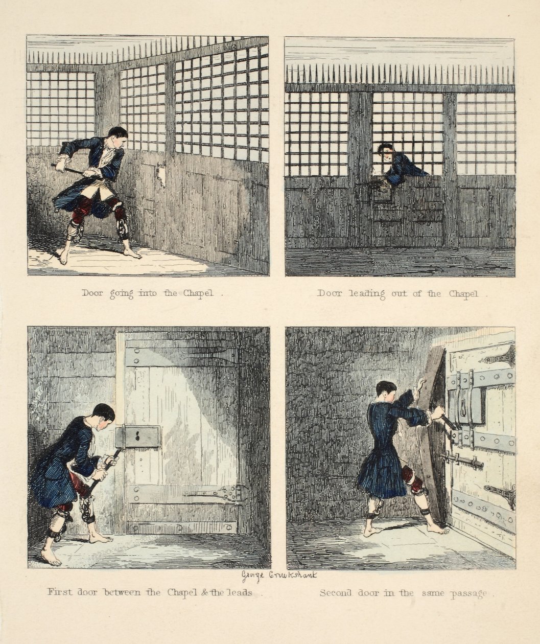 Ucieczka nr 2, ilustracja z filmu Jack Sheppard: A Romance Williama Harrisona Ainswortha, wyd. 1839 (ręcznie kolorowane grawerowanie) autorstwa George Cruikshank