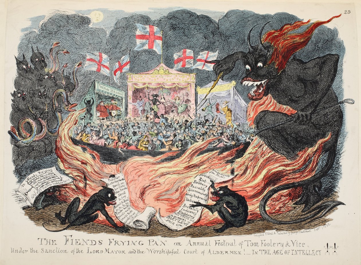 The Fiends Patelnia lub Coroczny Festiwal Toma Foolery & Vice, wyd. 1832 (grawerowanie ręcznie kolorowane) autorstwa George Cruikshank