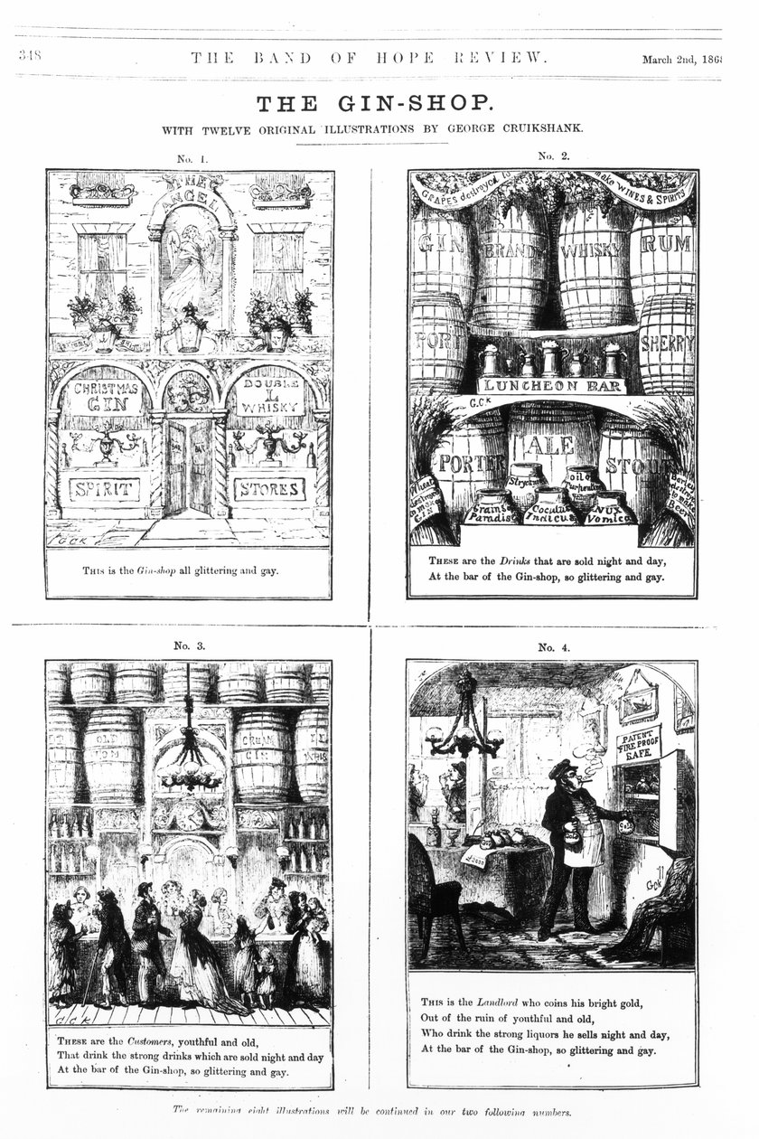 Sklep z ginem, ilustracja z „The Band of Hope Review”, 2 marca 1868 r. autorstwa George Cruikshank