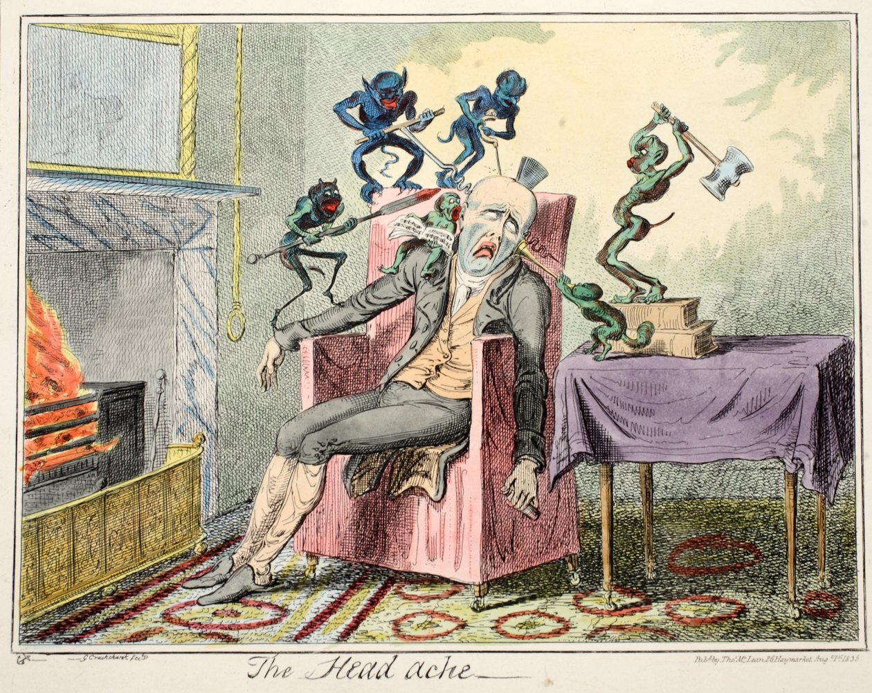 Ból głowy, wyd. 1835 (grawerowanie ręcznie kolorowane) autorstwa George Cruikshank