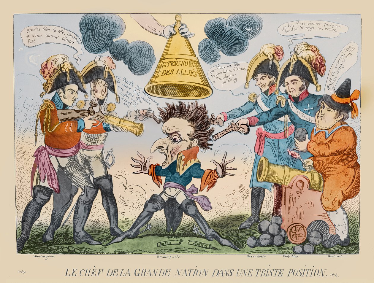 Głowa Wielkiego Narodu w queerowej sytuacji, 1813 (akwaforta ręcznie kolorowana) autorstwa George Cruikshank